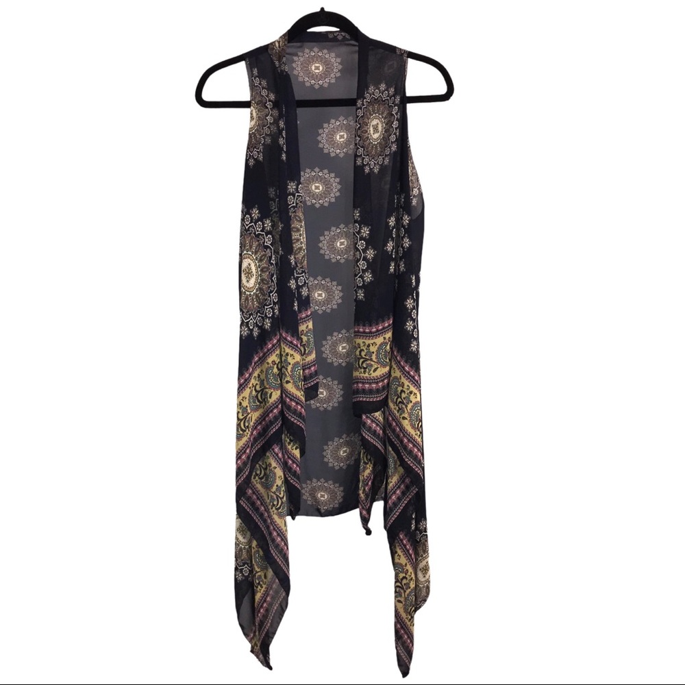 Long Chiffon Boho Print Kimono Vest